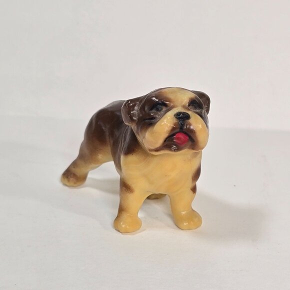 Vintage Bulldog Figurine Brown Cream Hong Kong Collectible Dog Miniature Resin - Picture 1 of 8